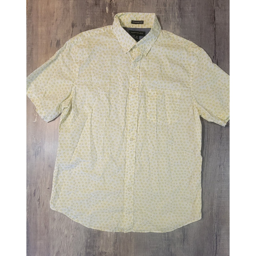 Banana Republic Mens Standard Fit Short Sleeve Floral Button Down Shirt Yellow M